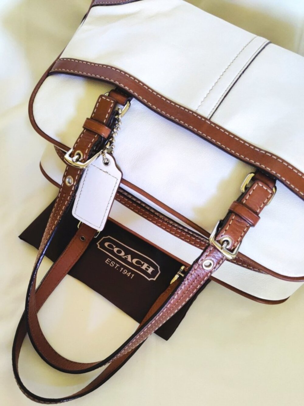 Coach Hamptons Leather Bowler Satchel in White & Saddle, EUC - Picture 6 of 16